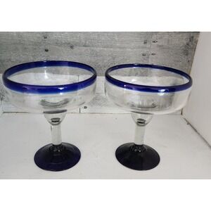 Set of 2 Margarita Glasses Blue Rim Stemware Barware